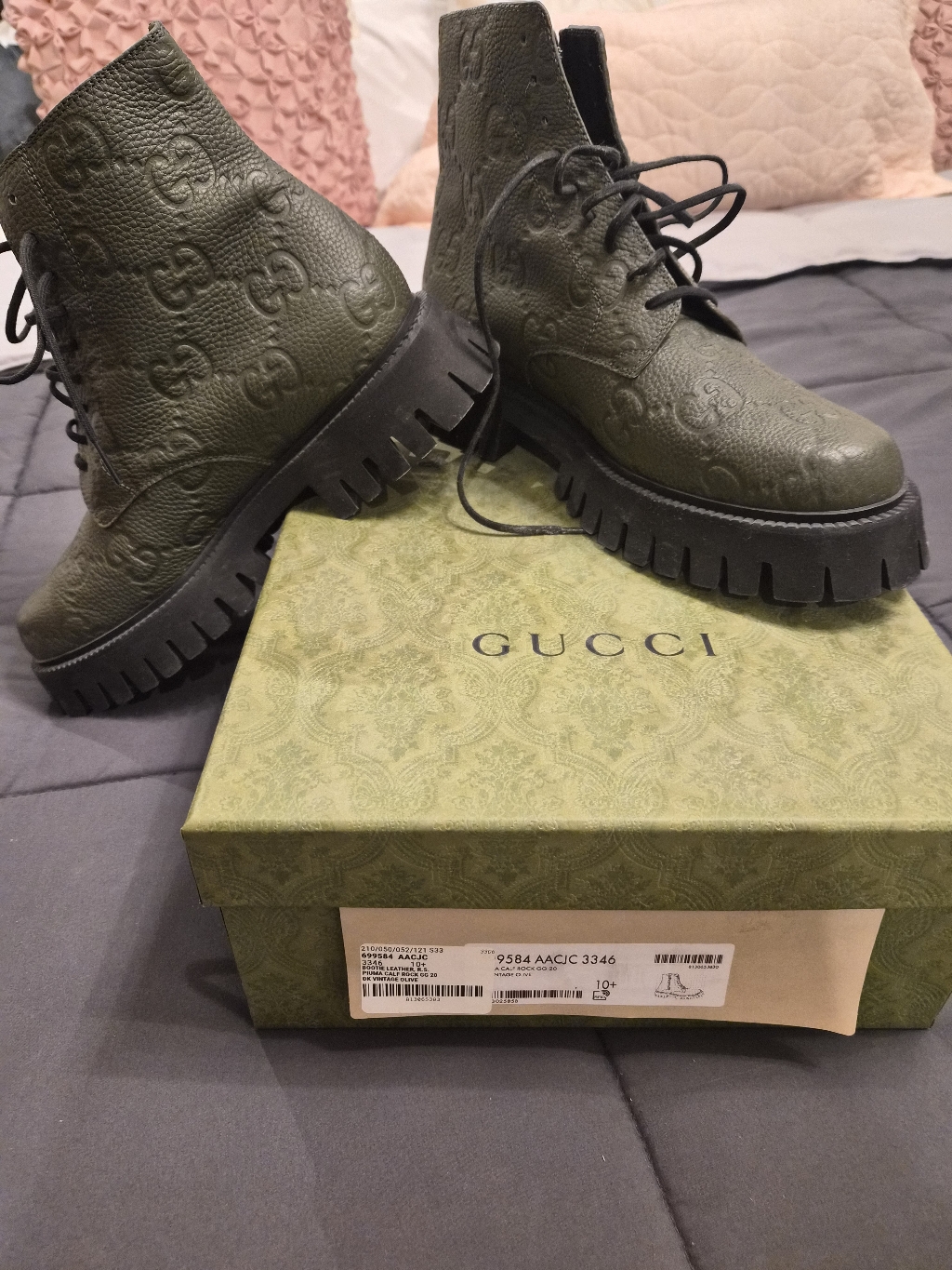 Mens Gucci Dark Olive Green Monogram Lug Sole Combat Boots